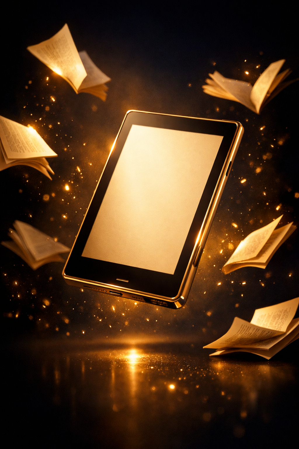 Goldener E-Reader mit schwebenden Buchseiten