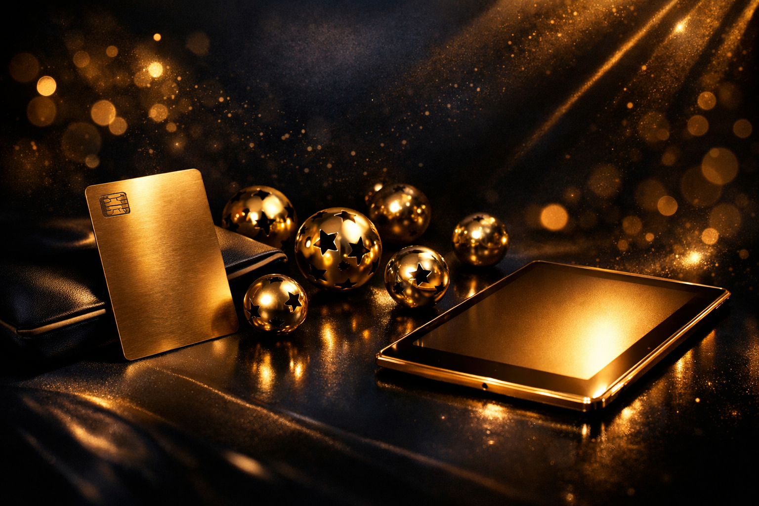 Premium Goldene Karte, eReader und Lotteriekugeln auf dunklem Hintergrund
